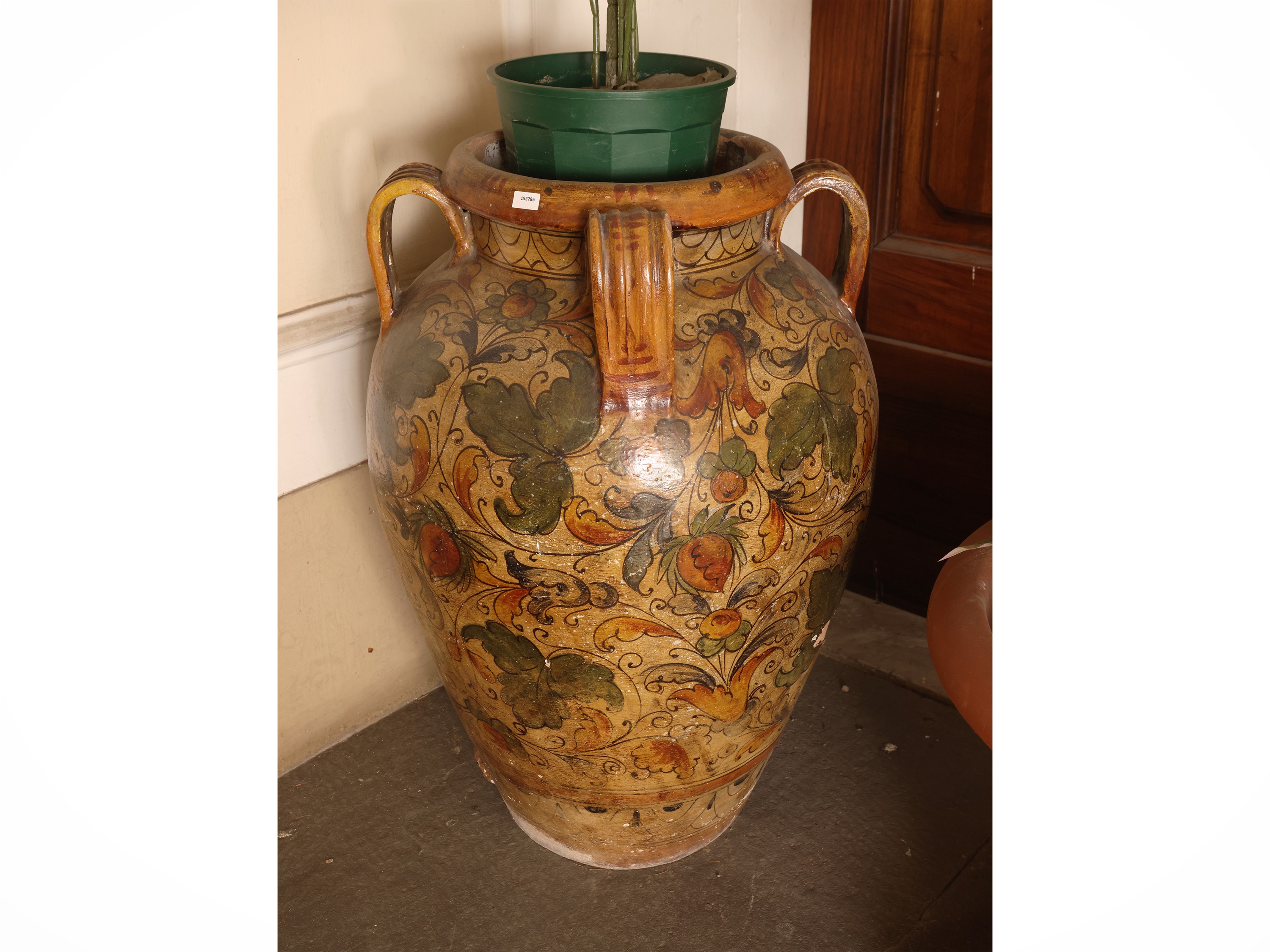 Orcio in terracotta smaltata, decorazione a volute e frutti, XIX/XX secolo
