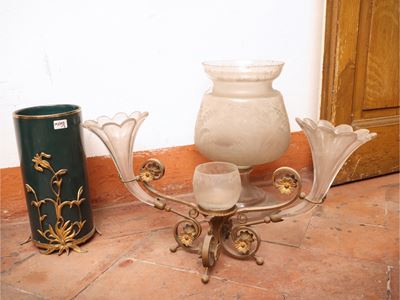 Accessori d’epoca, candeliere centrotavola con base dorata e vasi per fiori (XIX/XX secolo)