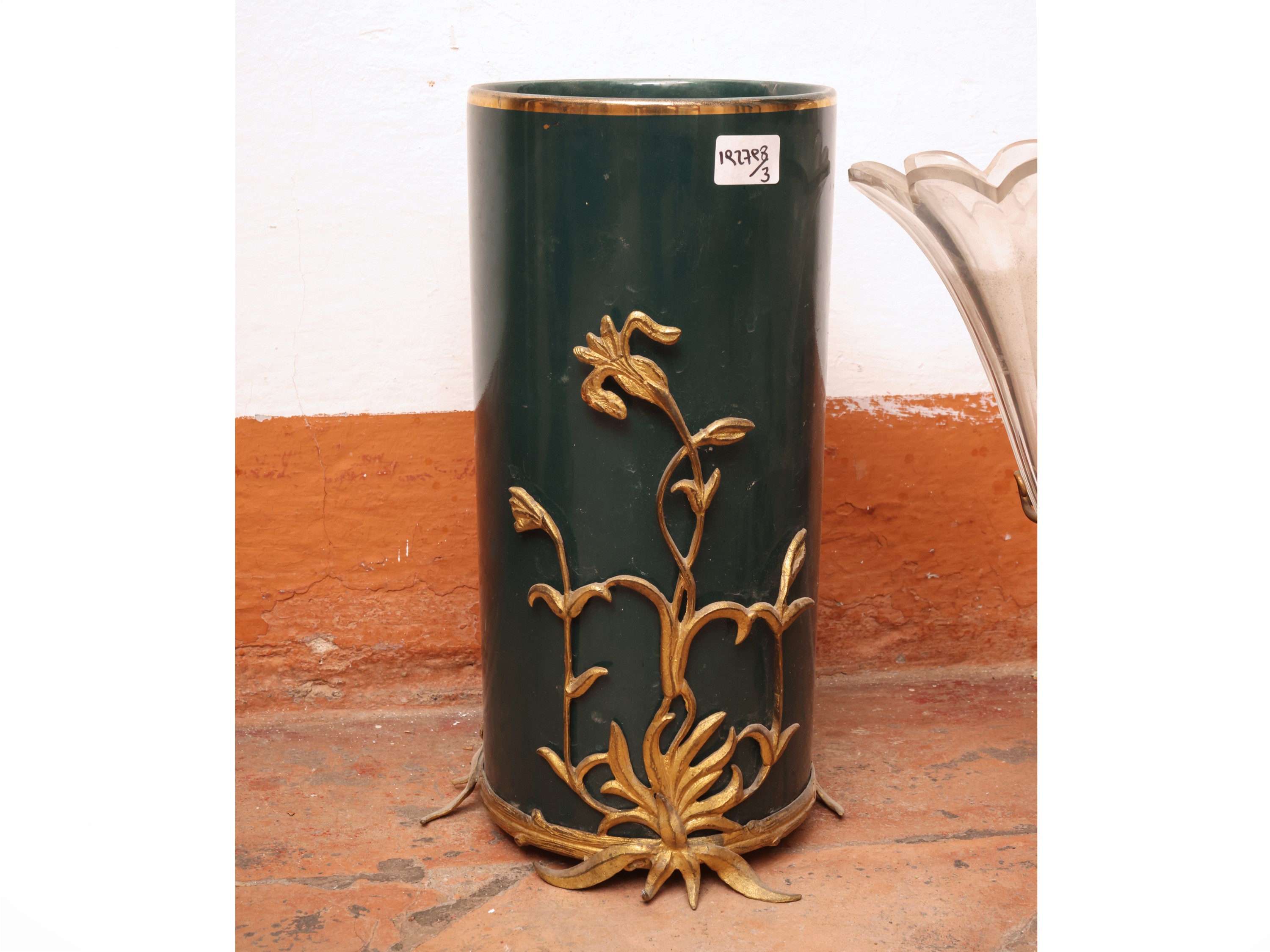 Accessori d’epoca, candeliere centrotavola con base dorata e vasi per fiori (XIX/XX secolo)