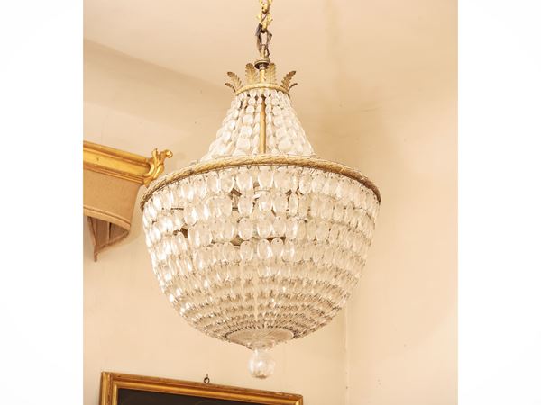 Basket chandelier in glass and gilded bronze