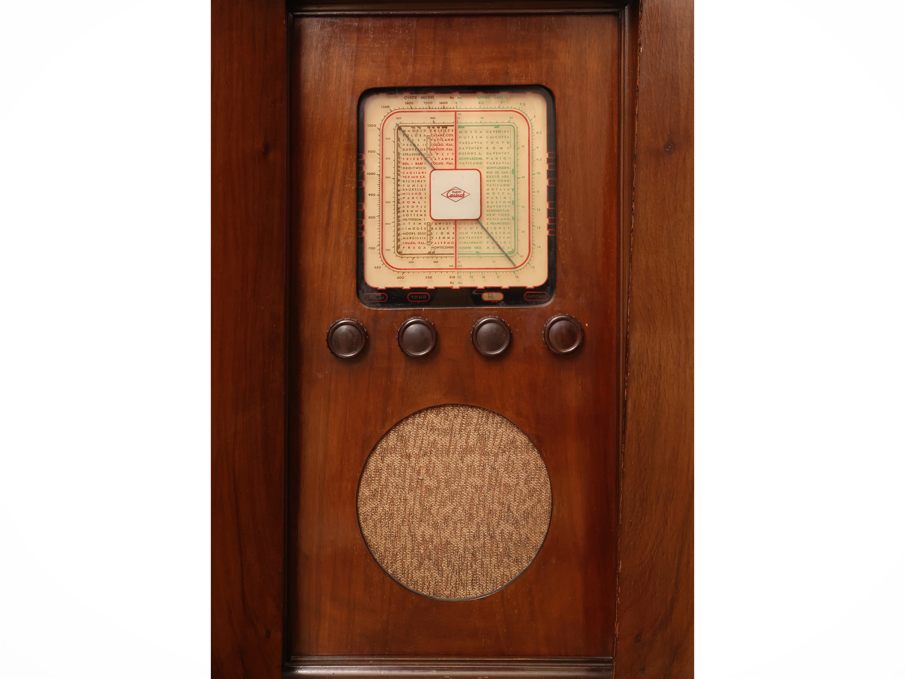 Radiogrammofono Carish con mobile impiallacciato in radica