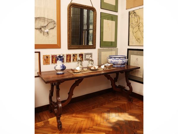 Large walnut table with a slatted top