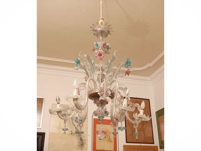 Murano, Lumiera in vetro incolore ed elementi colorati, stile Ca' Rezzonico, XX secolo