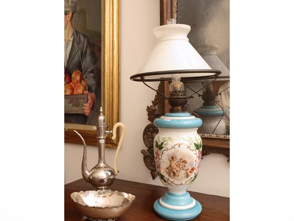 White and light blue opaline oil lamp