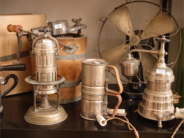 including a butter churn, a vintage fan, and four coffee makers