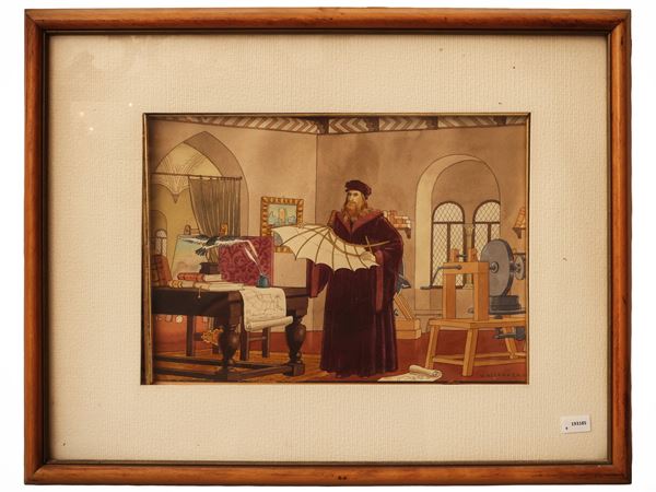 Leonardo da Vinci examines the model of a mechanical wing