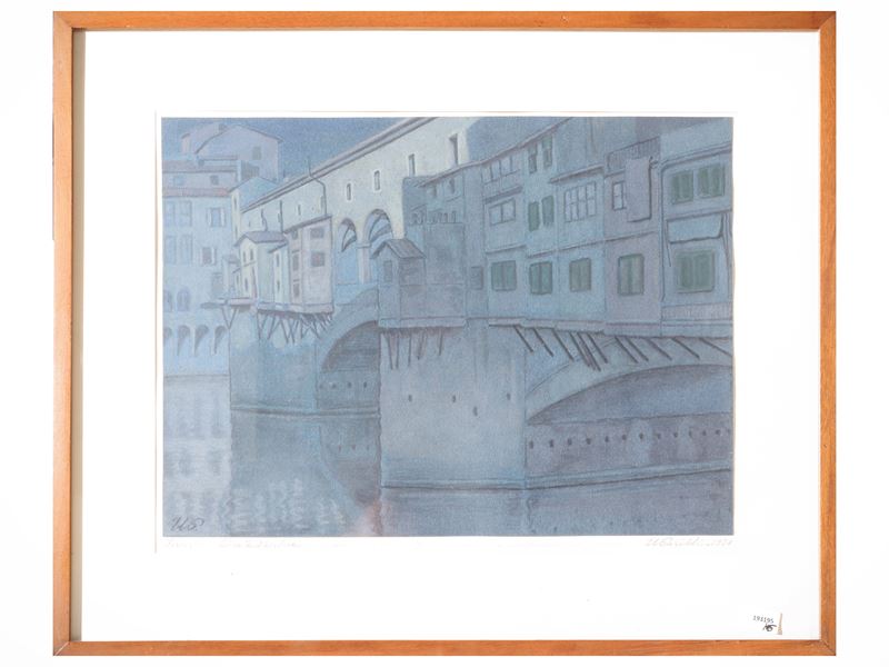 Umberto Parilli, Incisione raffigurante Ponte Vecchio; Dino Villani, xilografie; R. Garrone, tecn...