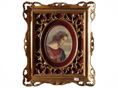 Miniatura di Madonna, dipinto su supporto in ovale, in cornice in legno dorato