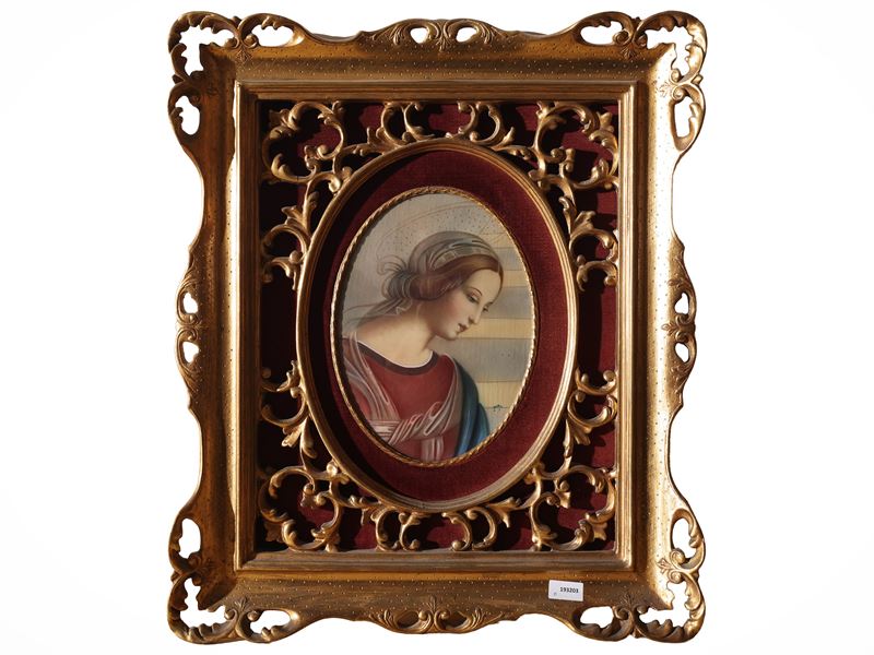 Miniatura di Madonna, dipinto su supporto in ovale, in cornice in legno dorato