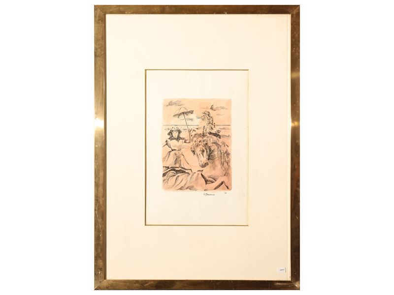 Giovanni Maranghi - Donna in spiaggia con cavalli (litografia, firmata e datata, 1985)