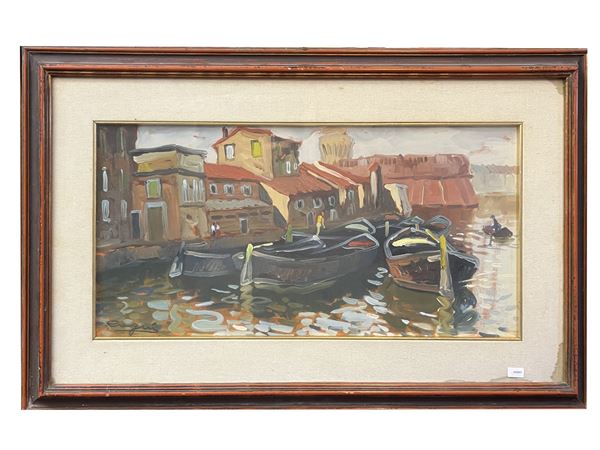 Basso Ragni : Barche al porto di Livorno  - Asta Toscana d'autore - Maison Bibelot - Casa d'Aste Firenze - Milano