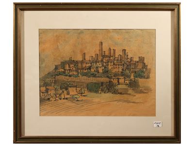 Vedute di San Gimignano, due tecniche miste su carta (una firmata e datata 1932)