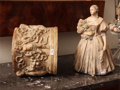 Manifattura di Signa, Vaso cilindrico in terracotta con istoriato a putti e dama, anni Trenta