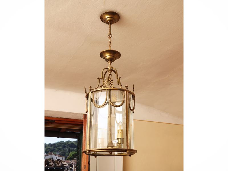 Lampadario a lanterna cilindrico, ottone e vetro