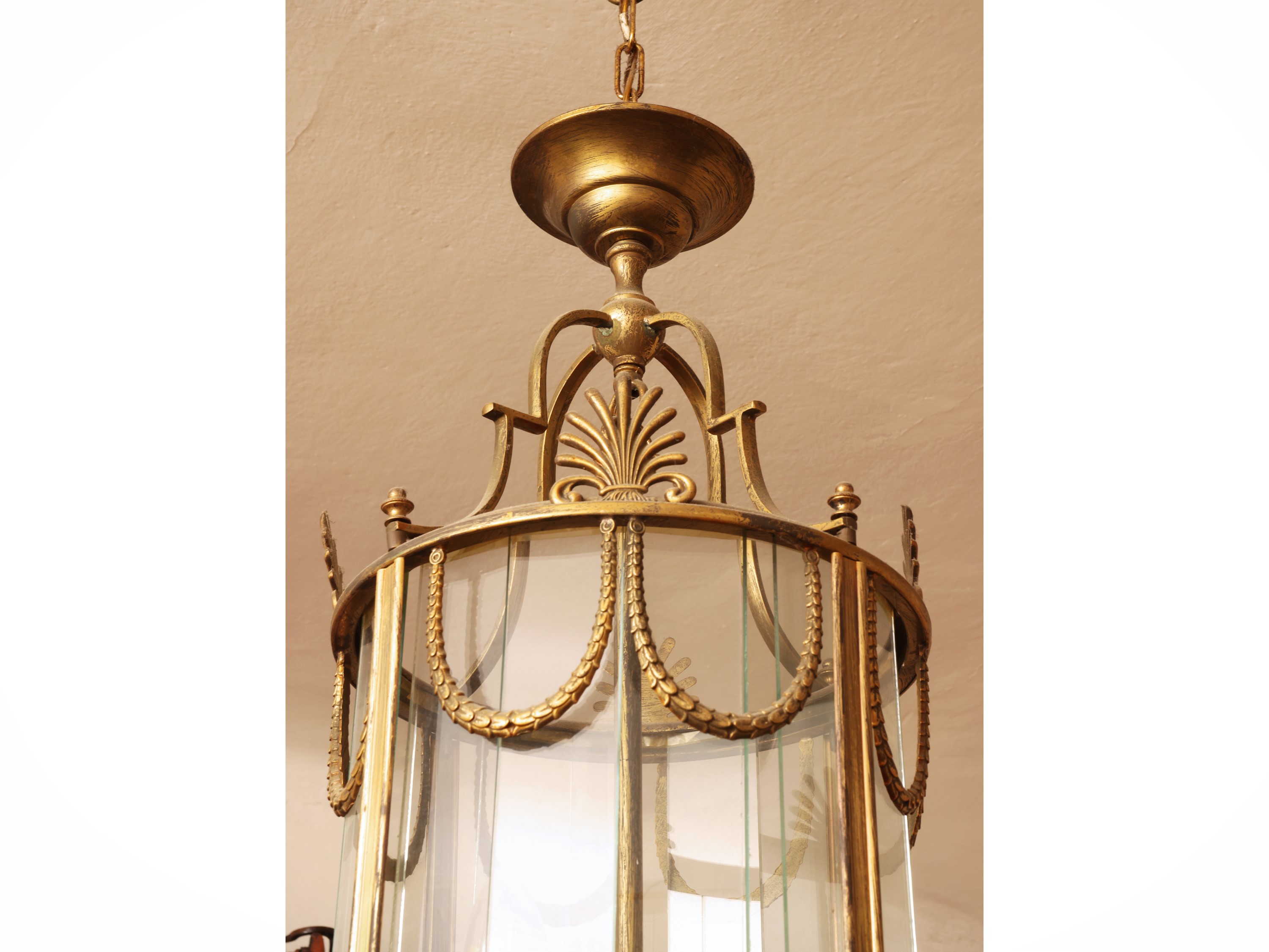 Lampadario a lanterna cilindrico, ottone e vetro