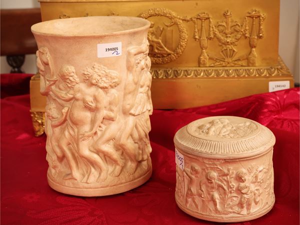 Terracotta vase and box