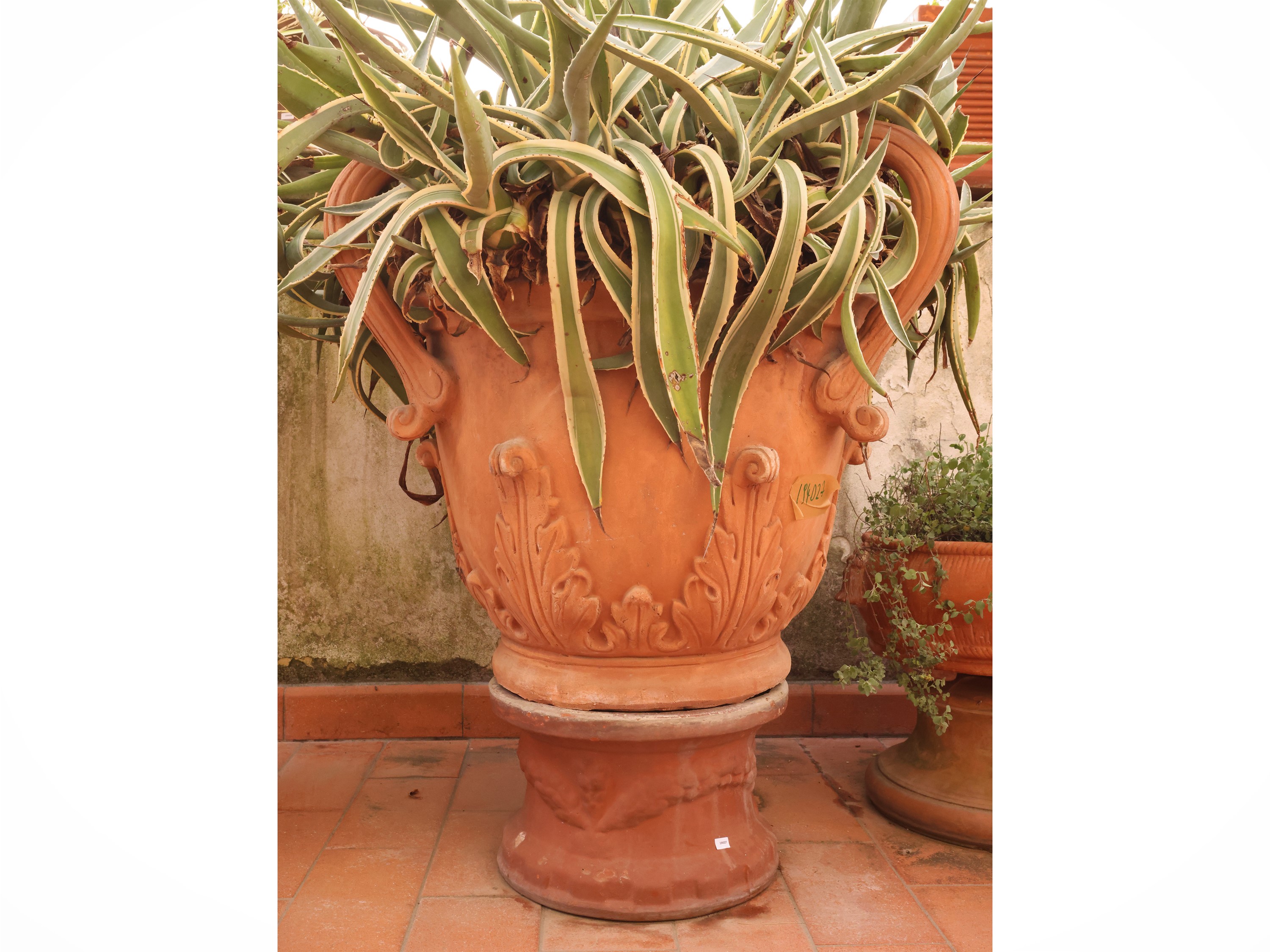 Vaso a conca in terracotta istoriata, grande vaso da interno
