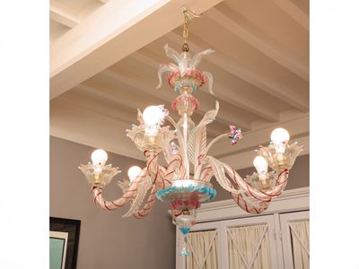 Lampadario, vetro soffiato di Murano, sei bracci con portacandele e pendente