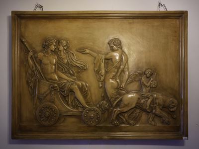 Placca a bassorilievo in terracotta, Trionfo di Bacco e Arianna sul carro alato
