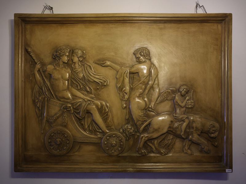 Placca a bassorilievo in terracotta, Trionfo di Bacco e Arianna sul carro alato