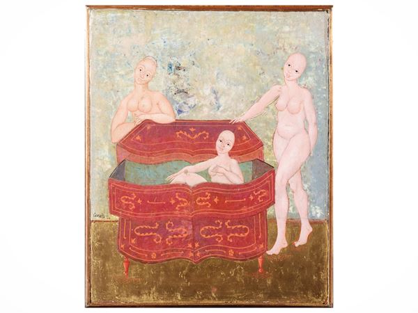 Composizione con figure e cassettone 1977