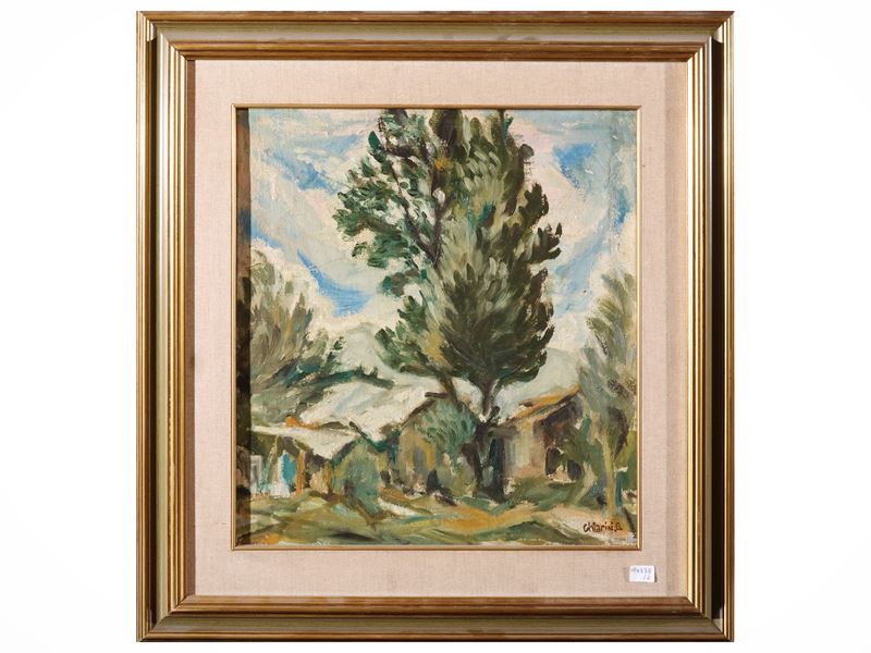 Bruno Chiarini - Paesaggio alberato con figura allegorica, olio su tela e tavoletta