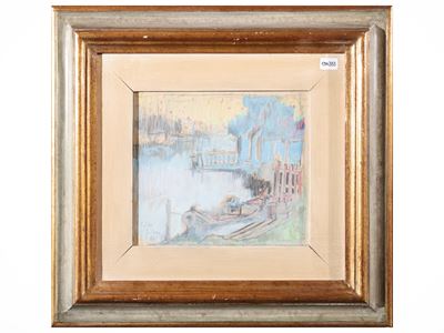 Paesaggio fluviale con pescatore (1960) - tecnica mista su carta
