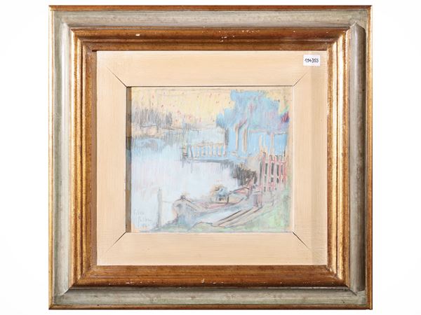 Paesaggio fluviale con pescatore 1960