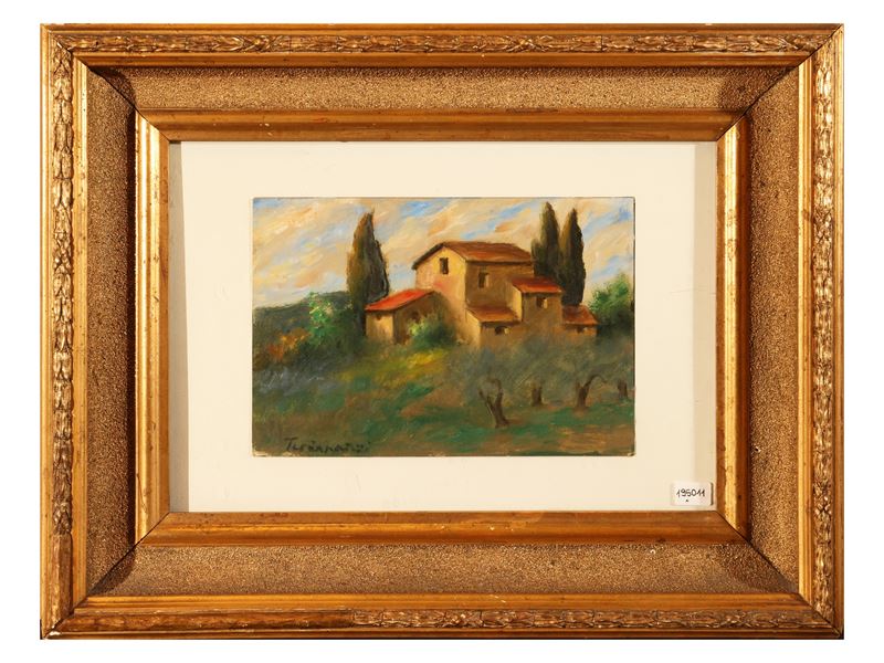 Nino Tirinnanzi - Paesaggio toscano, olio su cartone