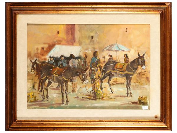 View of a market with horses