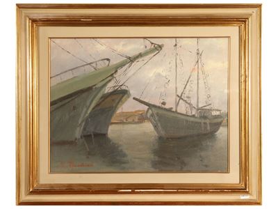 Velieri in darsena 1948, olio su tavoletta