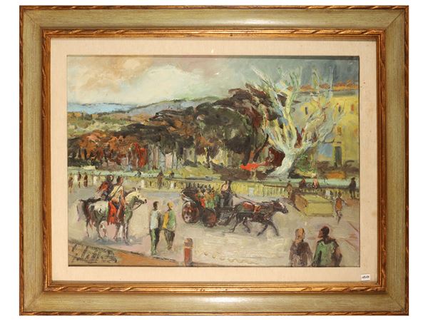 A view of a square with a horse-drawn carriage