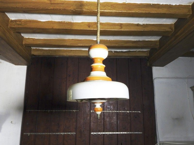 Lampadario da Cucina in Legno e Vetro Opalino