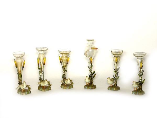 A Set of Six Metal and Blown Glass Place Holders, early 20th Century