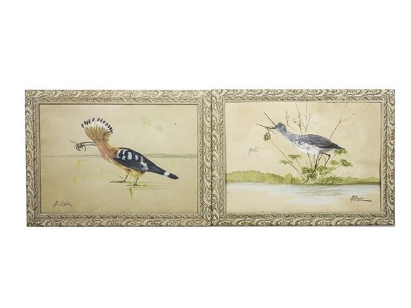 Birds, a pair of watercolours on paper