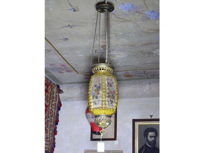 Lume Ad Olio Pensile in Vetro Soffiato e Metallo