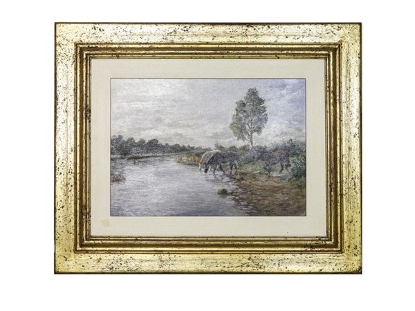River Landscape with Horses, oil on panel