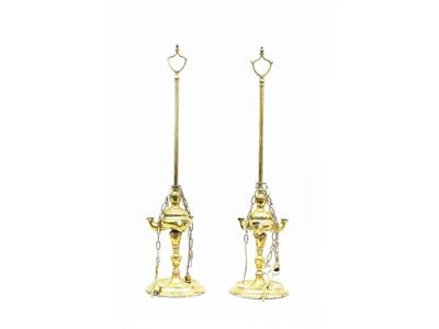 Coppia di Antiche Lucerne Fiorentine in Ottone