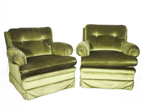 Pair of Green Velvet Upholstered Armchairs