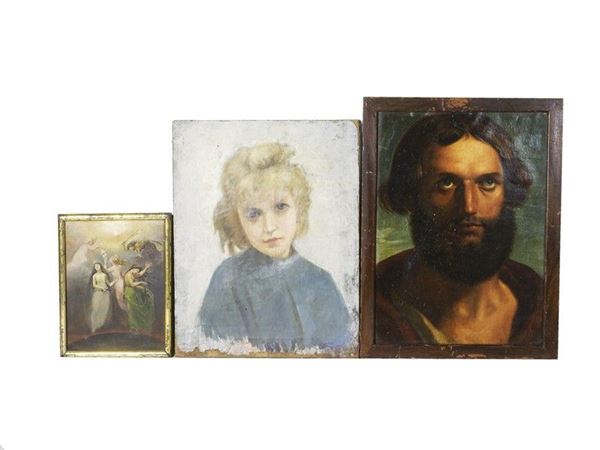 Portrait of a Girl, Portrait of a Beard Man and The Parcae, three oils on canvas