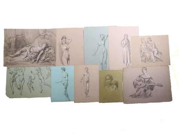 Giulio Piatti, Studies for Female Figures, pencil, charcoal and biacca on paper