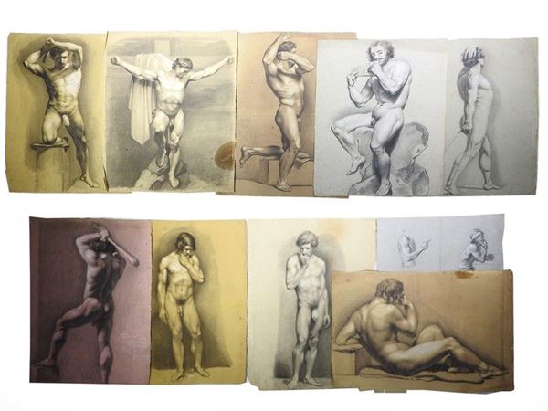 Giulio Piatti, Male Nudes, sixteen charcoal and biacca drawings on coloured paper