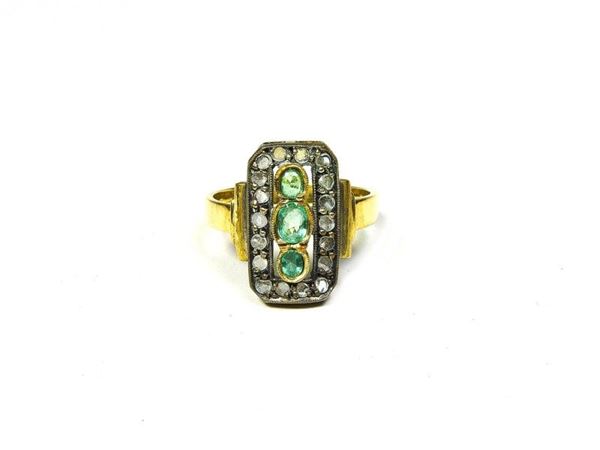 Gold Ring with Three Small Emeralds and Diamonds