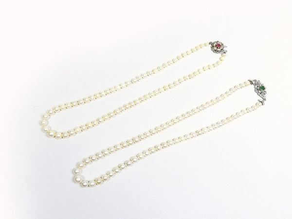 Two Pearl Necklaces with White Gold Clasps