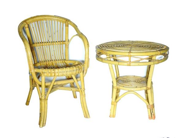 Bamboo and Wicker Round Table and an Armchair