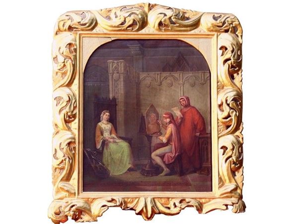 Lombard School of 19th Century, Interior View with Simone Martini, Laura and Francesco Petrarca, oil on canvas