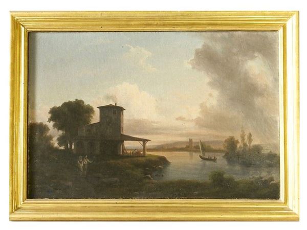 French school of early 19th Century, River Landscape with Houses and Figures, oil on canvas