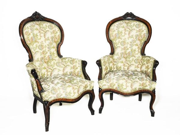 Pair of Rosewood and Ebonized Wood Armchairs, mid 19th Century
