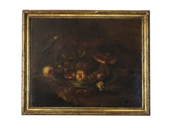 Circle of Bartolomeo Bimbi of 17th Century, Still Life with Fruit and Green Parrot, oil on canvas
