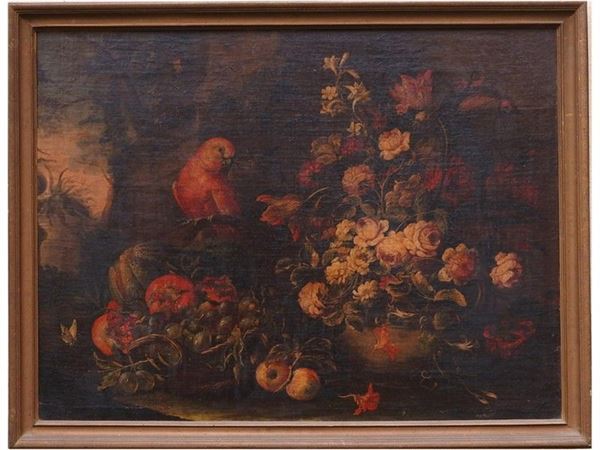Attributed to Bartolomeo Bimbi (1648-1730) Still Life with Red Parrot and Fruit, oil on canvas